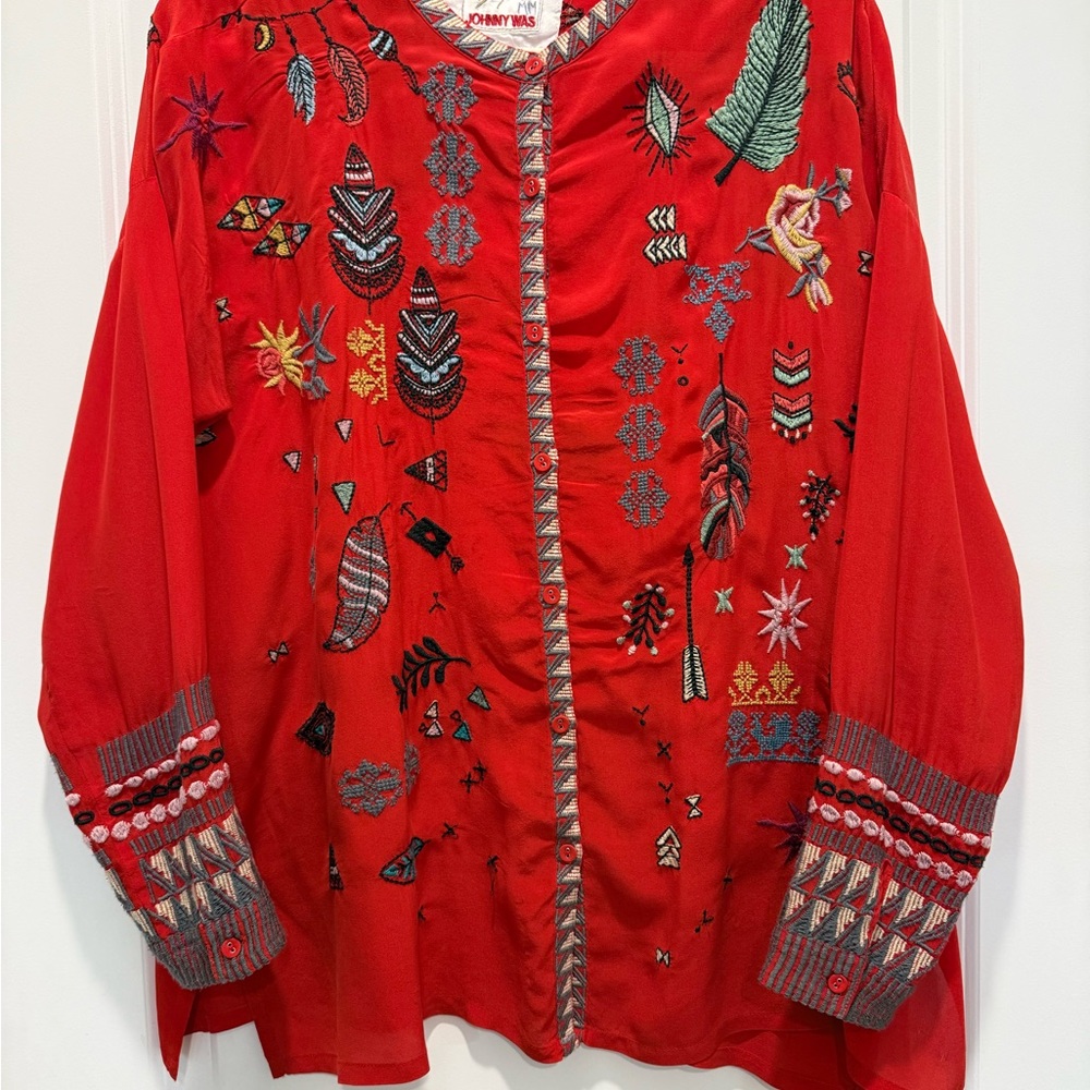Johnny Was Red Embroidered Open-Front silk blouse